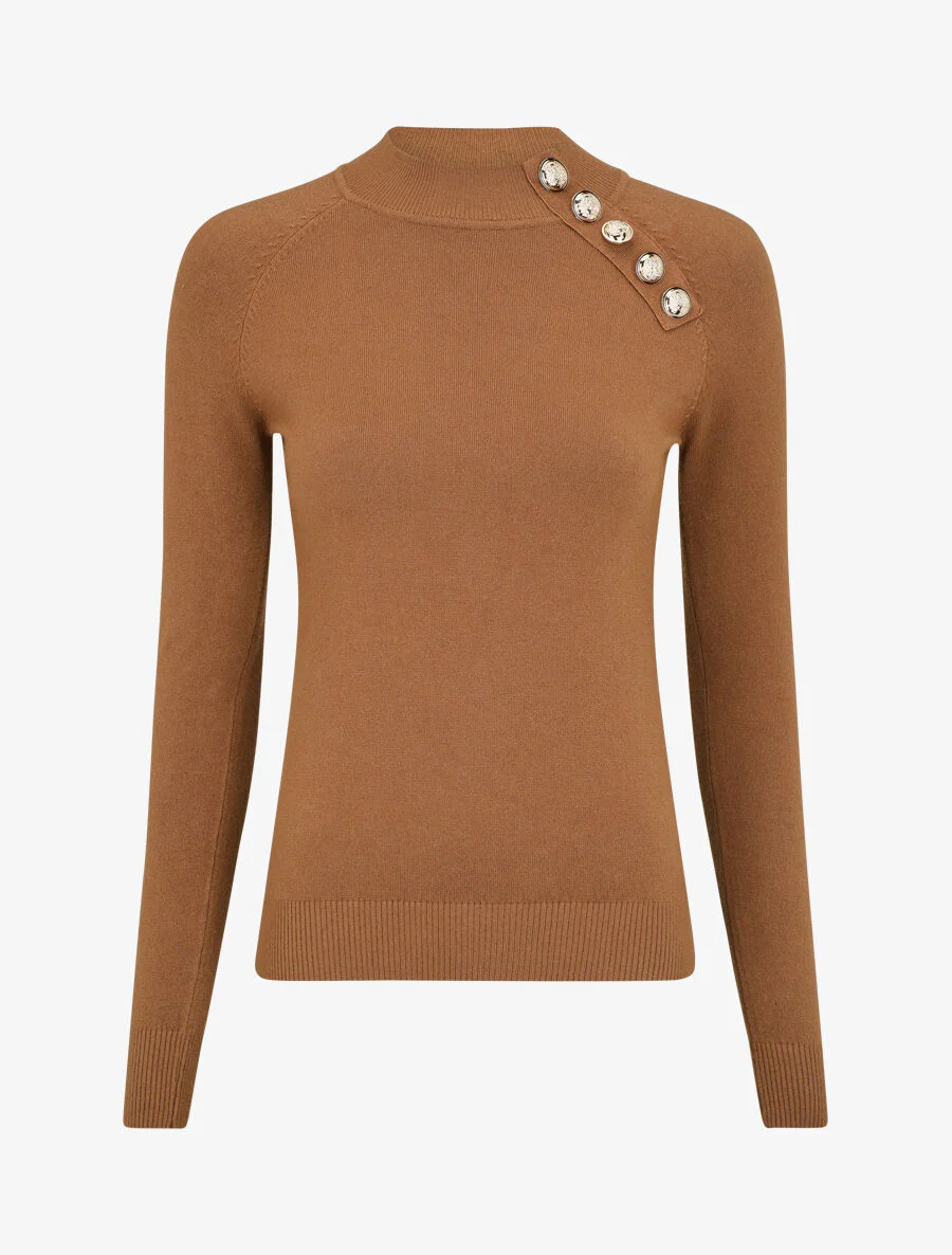 Pull uni à col montant et boutons décoratifs - Camel