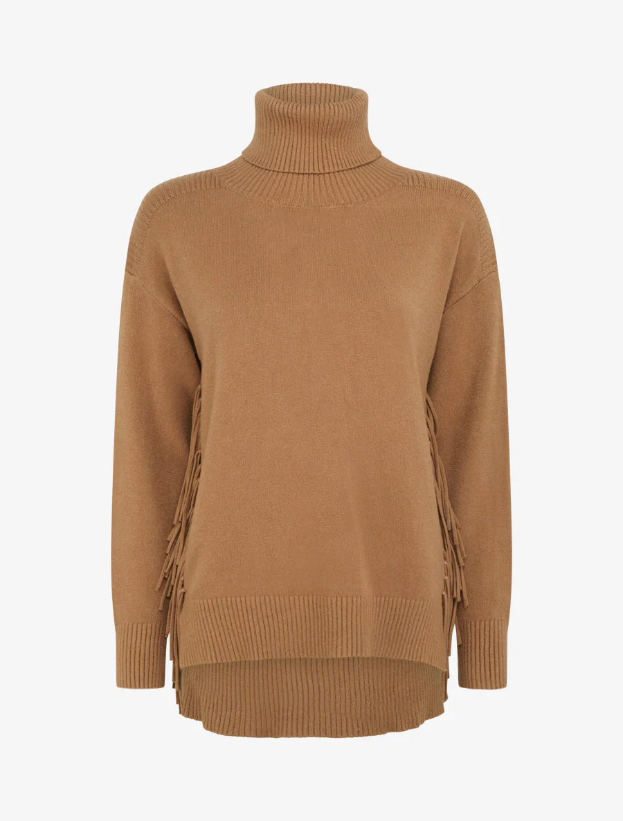 Pull uni à col roulé et franges - Camel