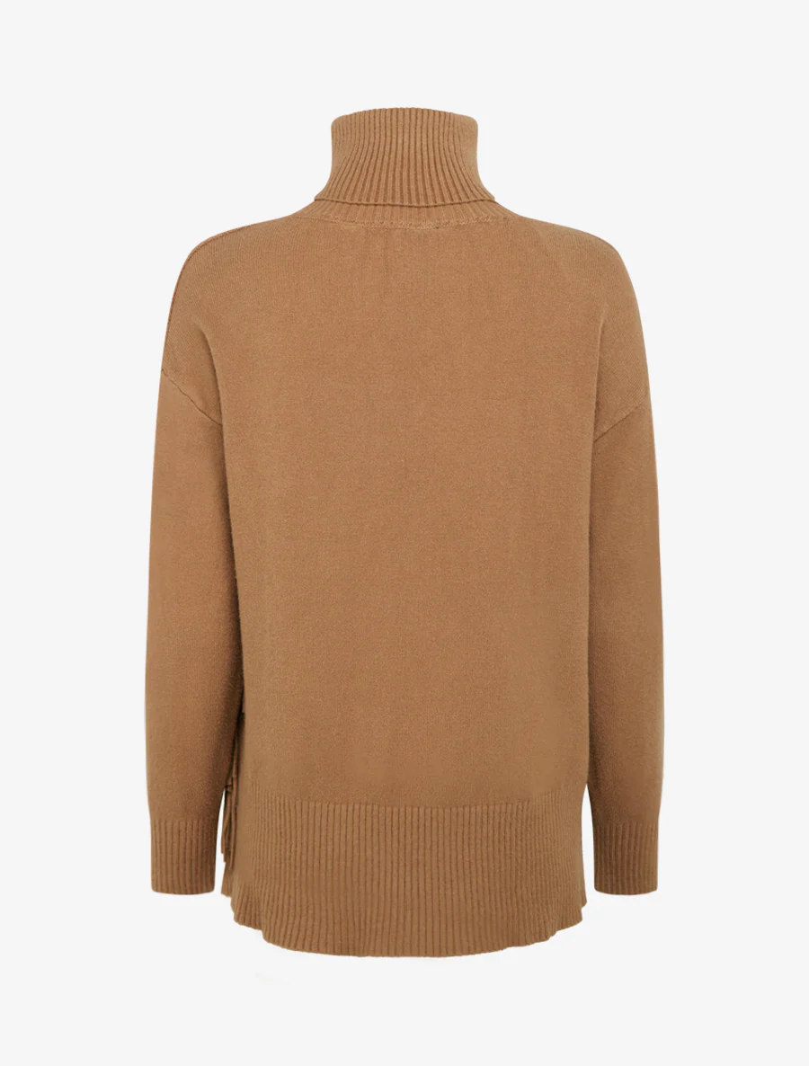 Pull uni à col roulé et franges - Camel - Image 2