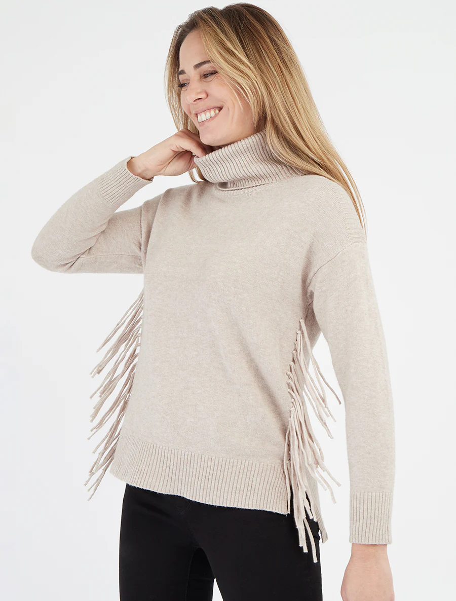 Pull uni à col roulé et franges - Beige
