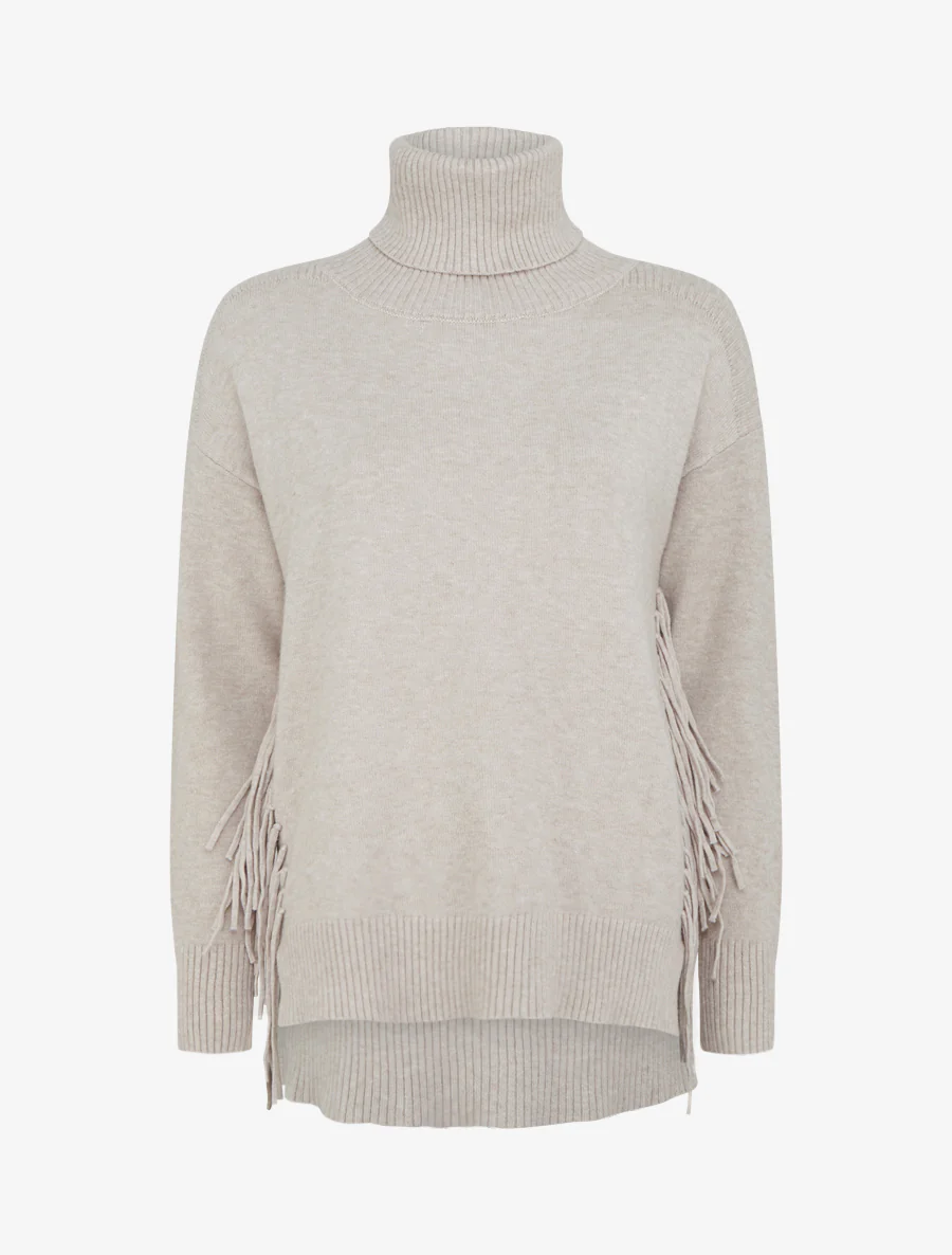 Pull uni à col roulé et franges - Beige - Image 2