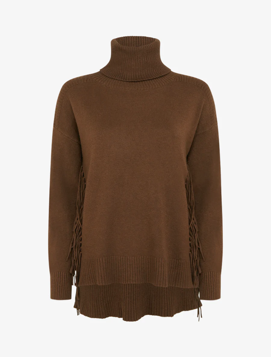 Pull uni à col roulé et franges - Marron
