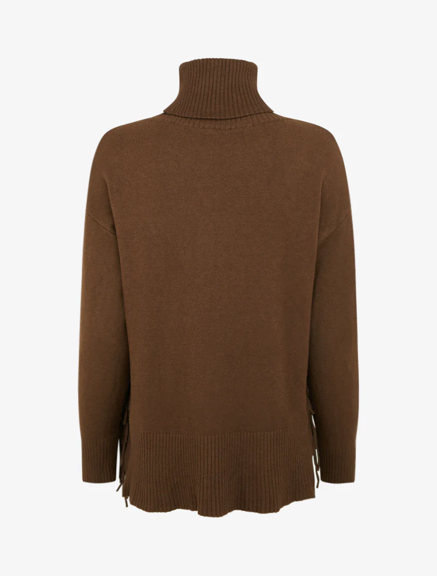 Pull uni à col roulé et franges - Marron - Image 2
