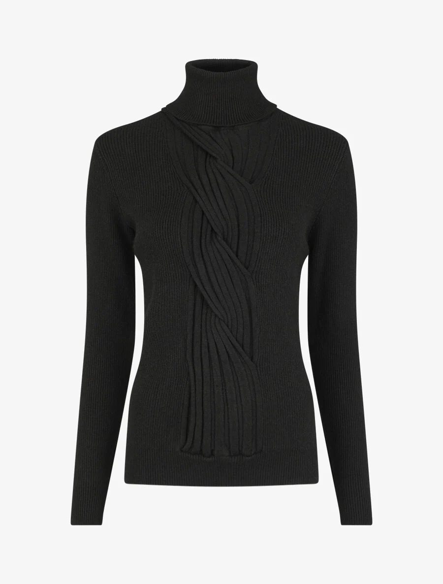Pull uni à col roulé et motif torsade - Noir