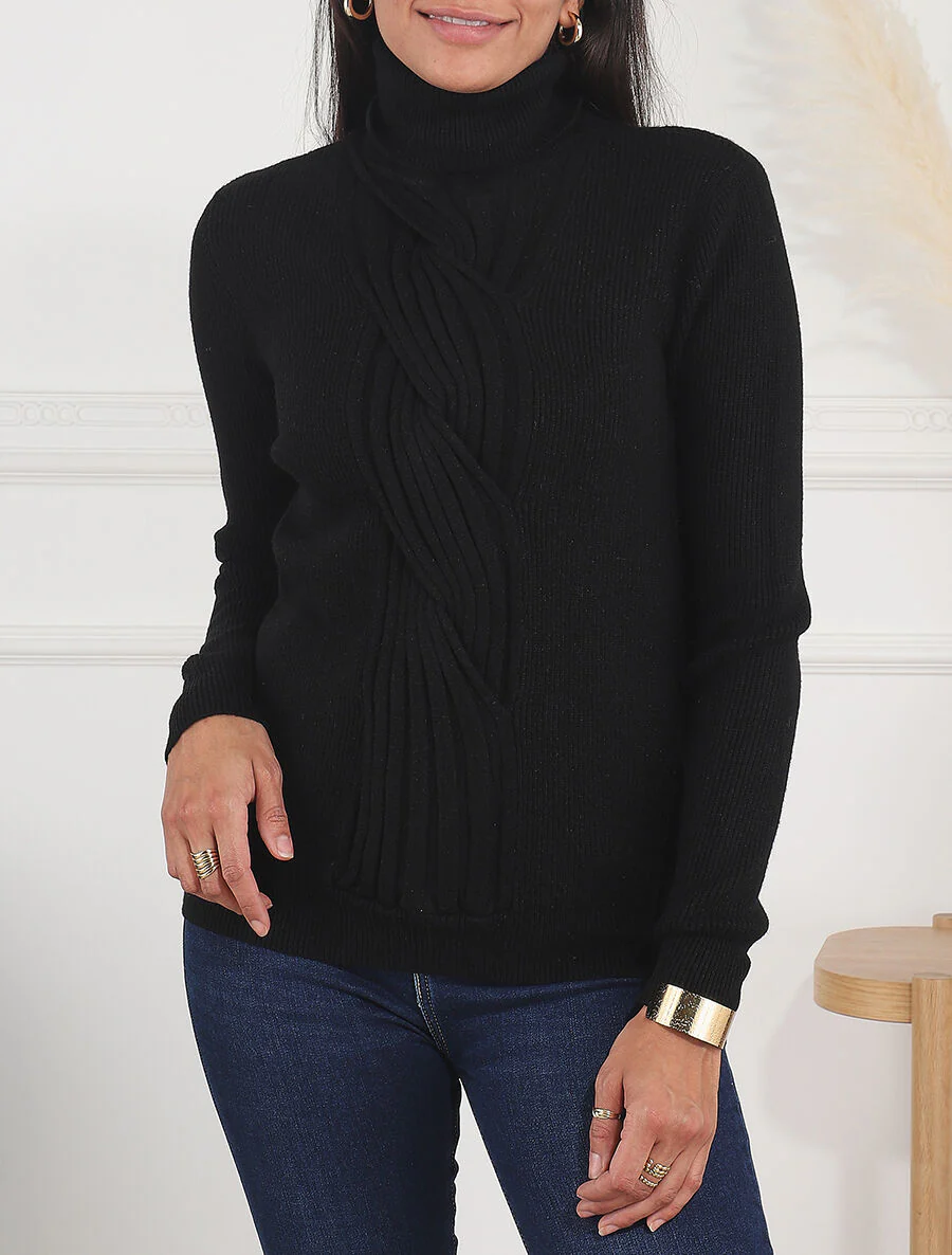 Pull uni à col roulé et motif torsade - Noir - Image 4