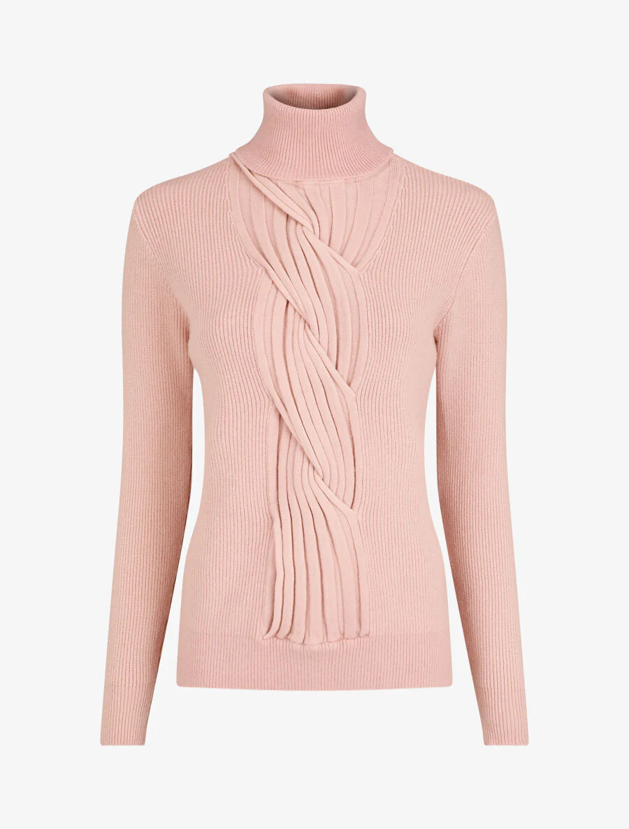 Pull uni à col roulé et motif torsade - Rose