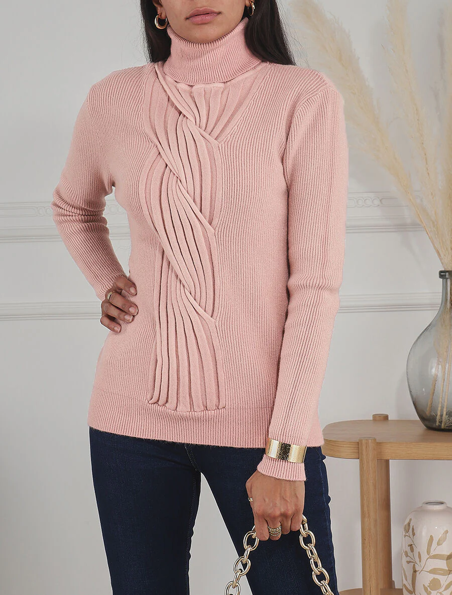 Pull uni à col roulé et motif torsade - Rose - Image 4