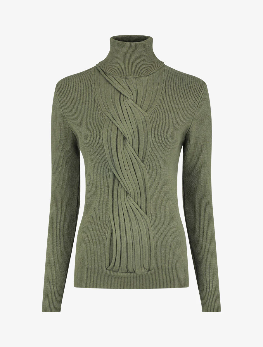Pull uni à col roulé et motif torsade - Kaki