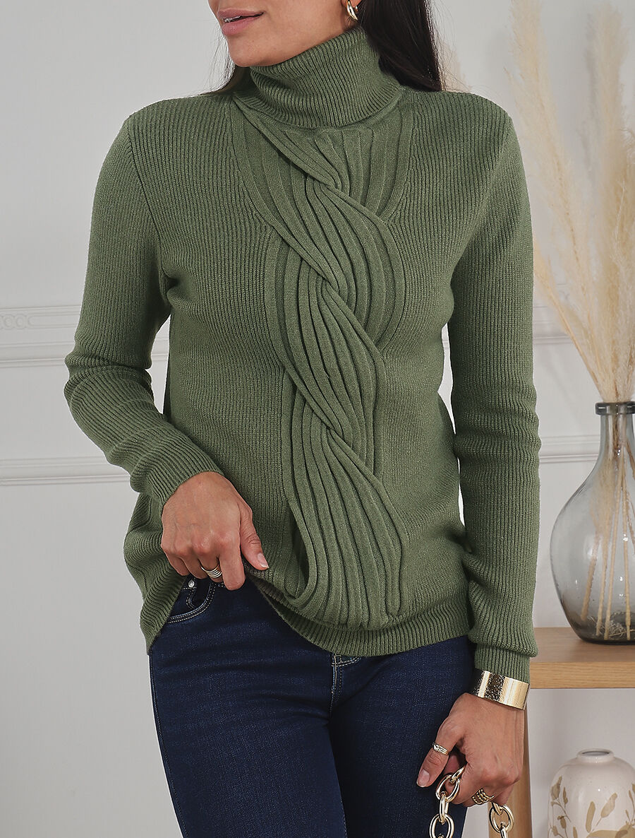 Pull uni à col roulé et motif torsade - Kaki - Image 4