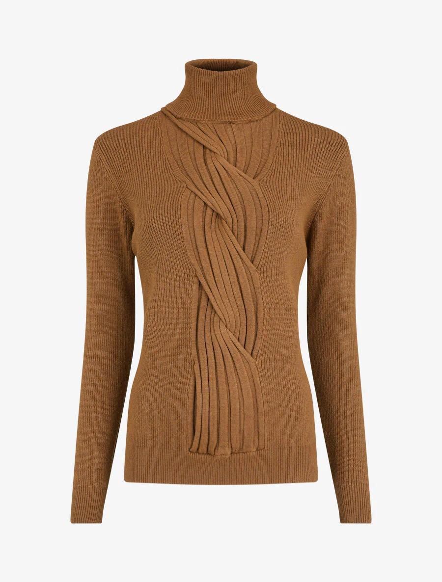 Pull uni à col roulé et motif torsade - Camel