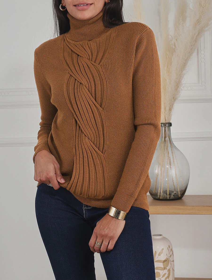 Pull uni à col roulé et motif torsade - Camel - Image 4