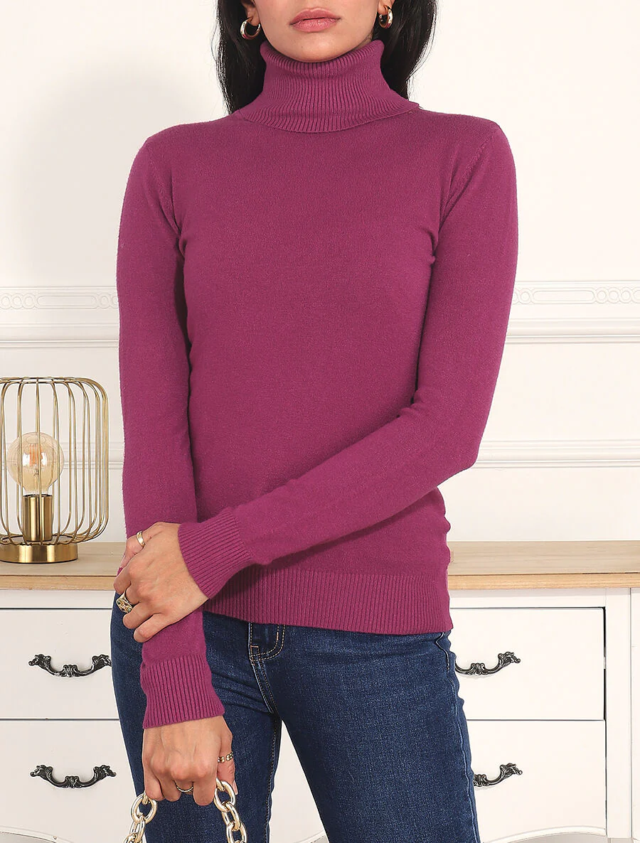 Pull uni à col roulé - Violet - Image 4