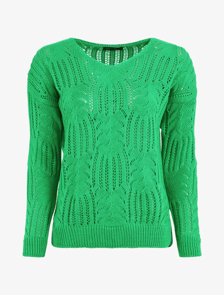 Pull uni à col V ajouré - Vert