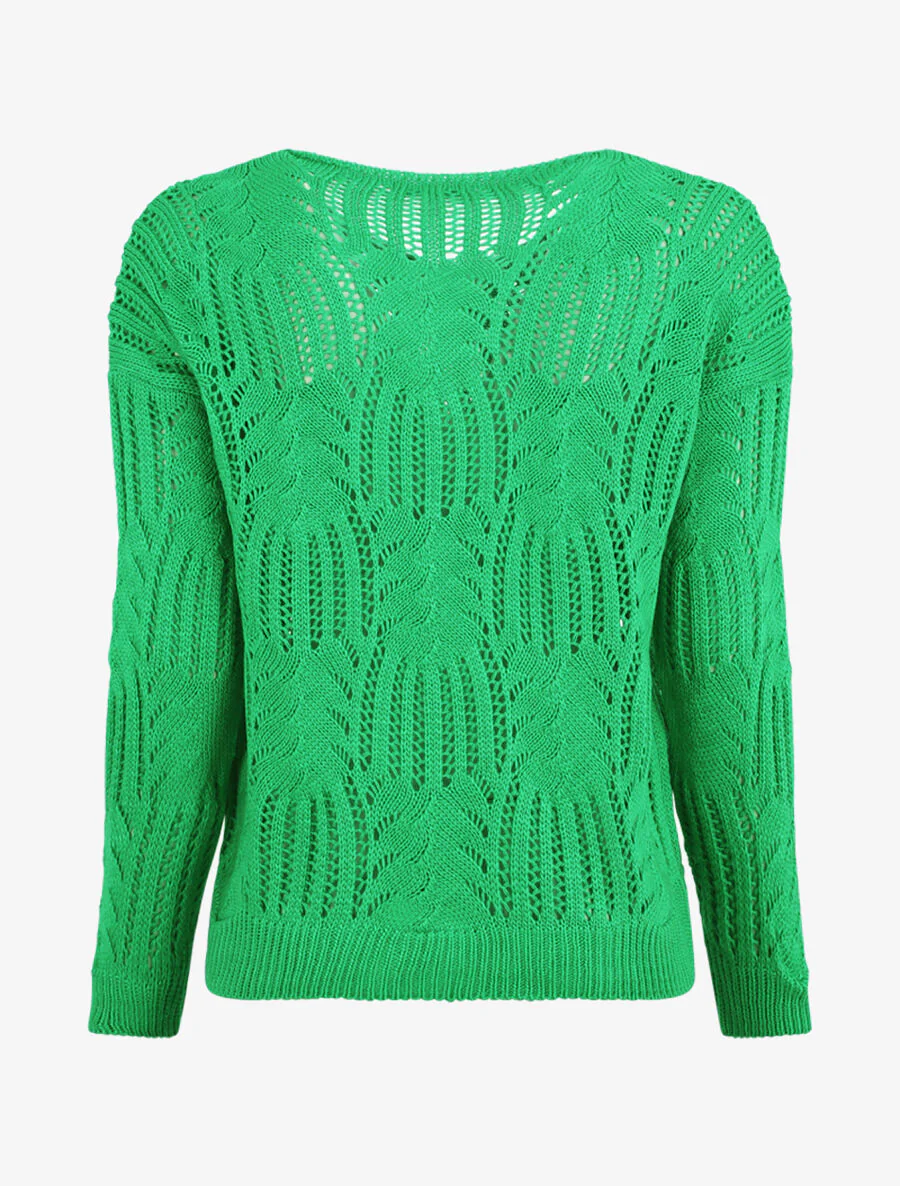 Pull uni à col V ajouré - Vert - Image 2