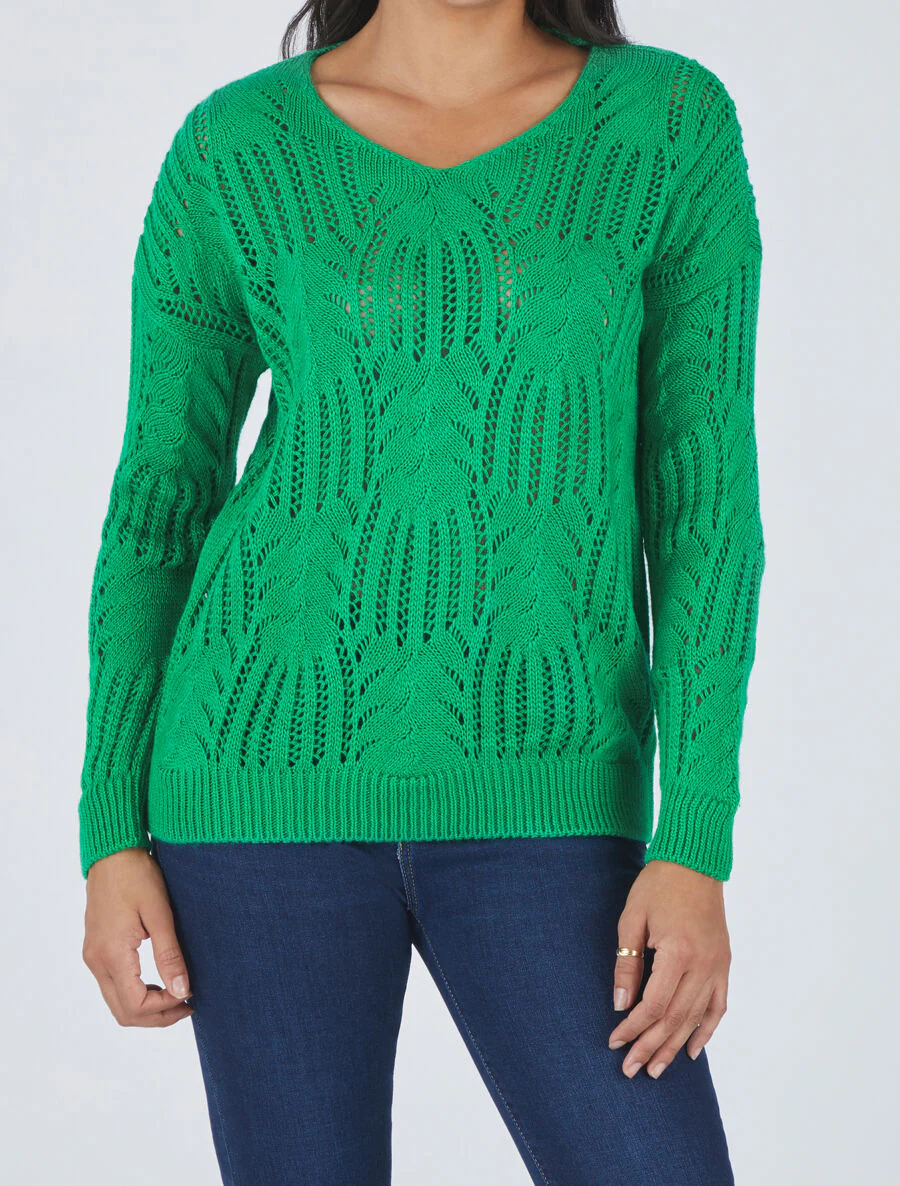 Pull uni à col V ajouré - Vert - Image 4