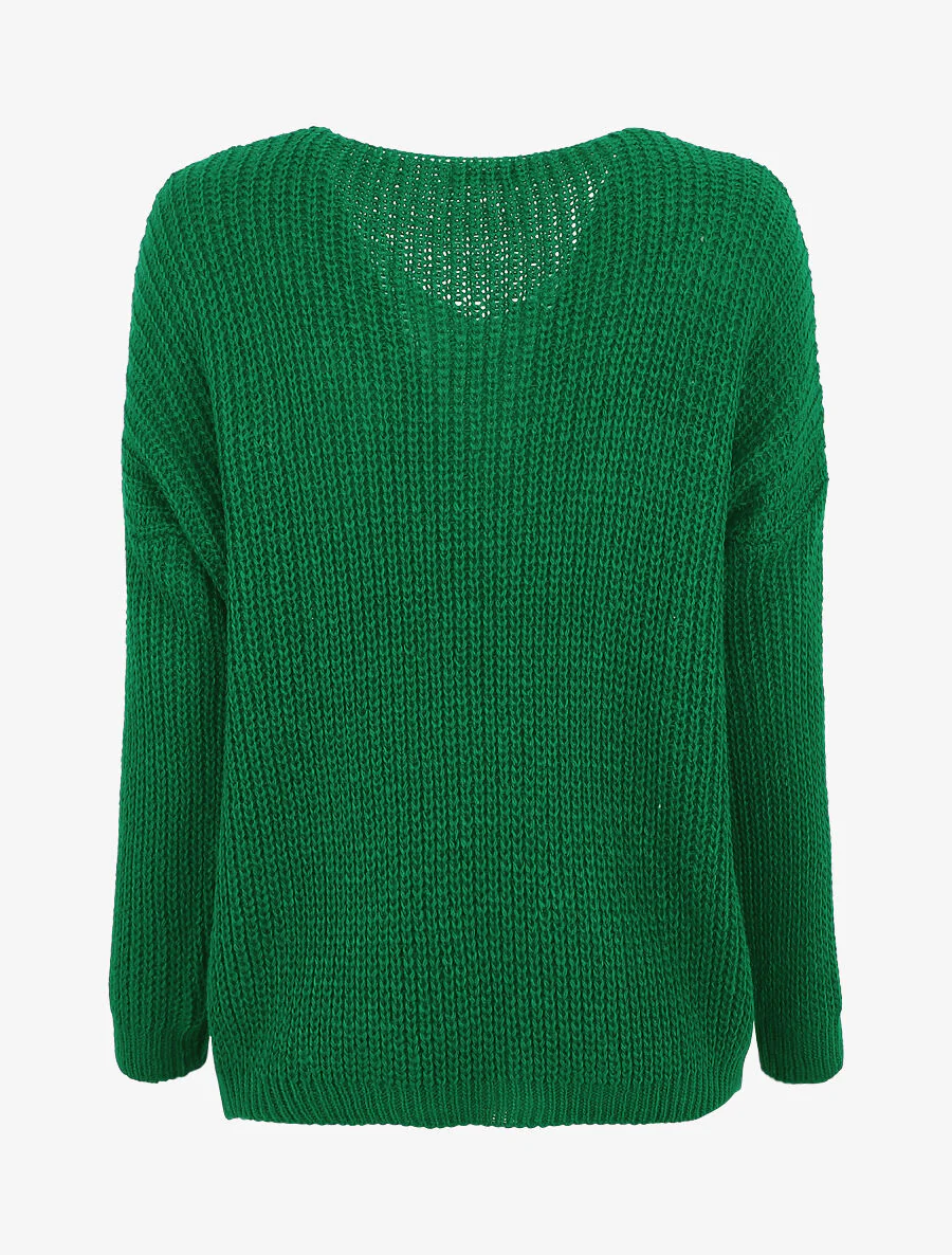 Pull uni à col V et torsade - Vert - Image 2