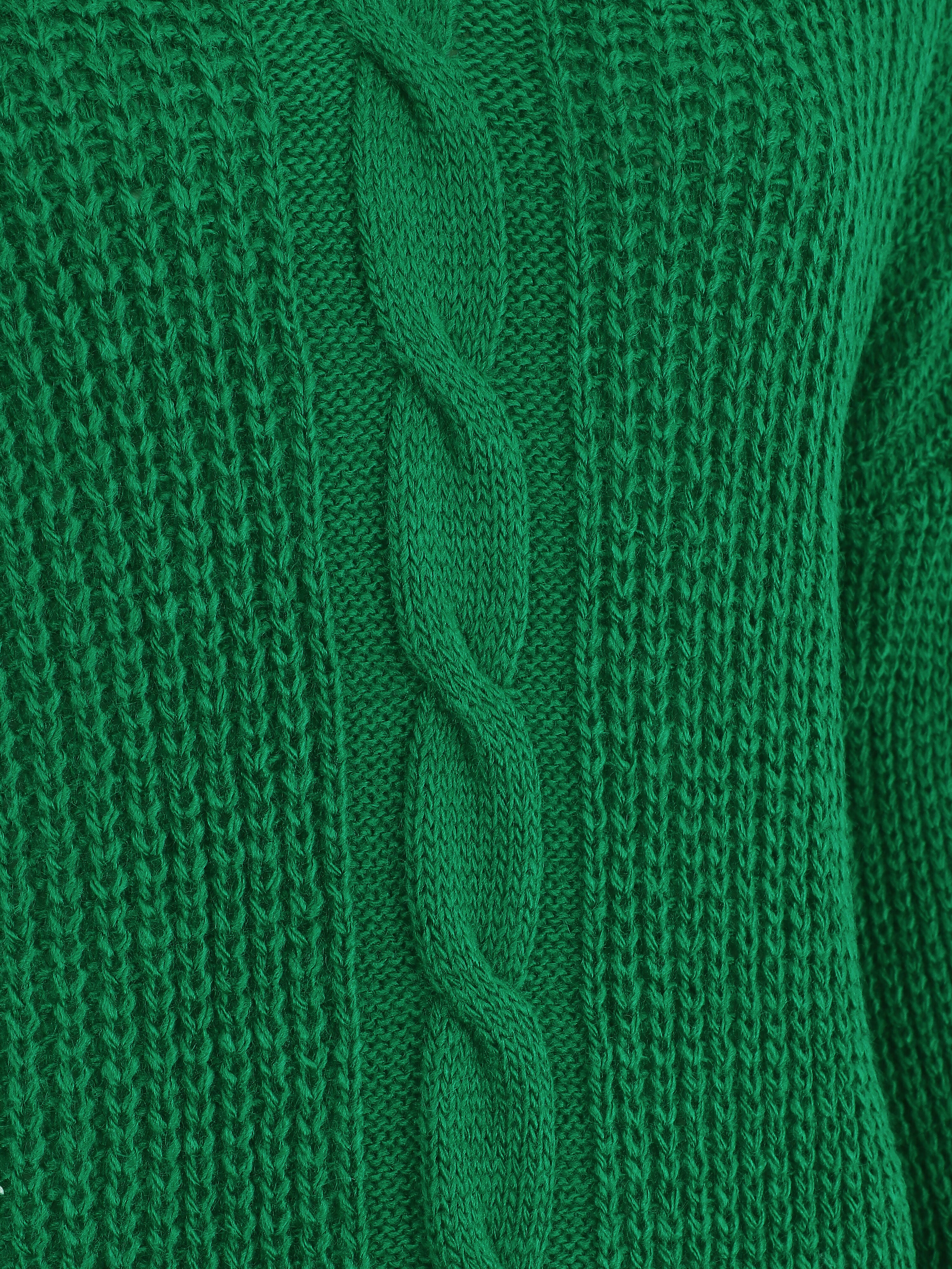 Pull uni à col V et torsade - Vert - Image 3