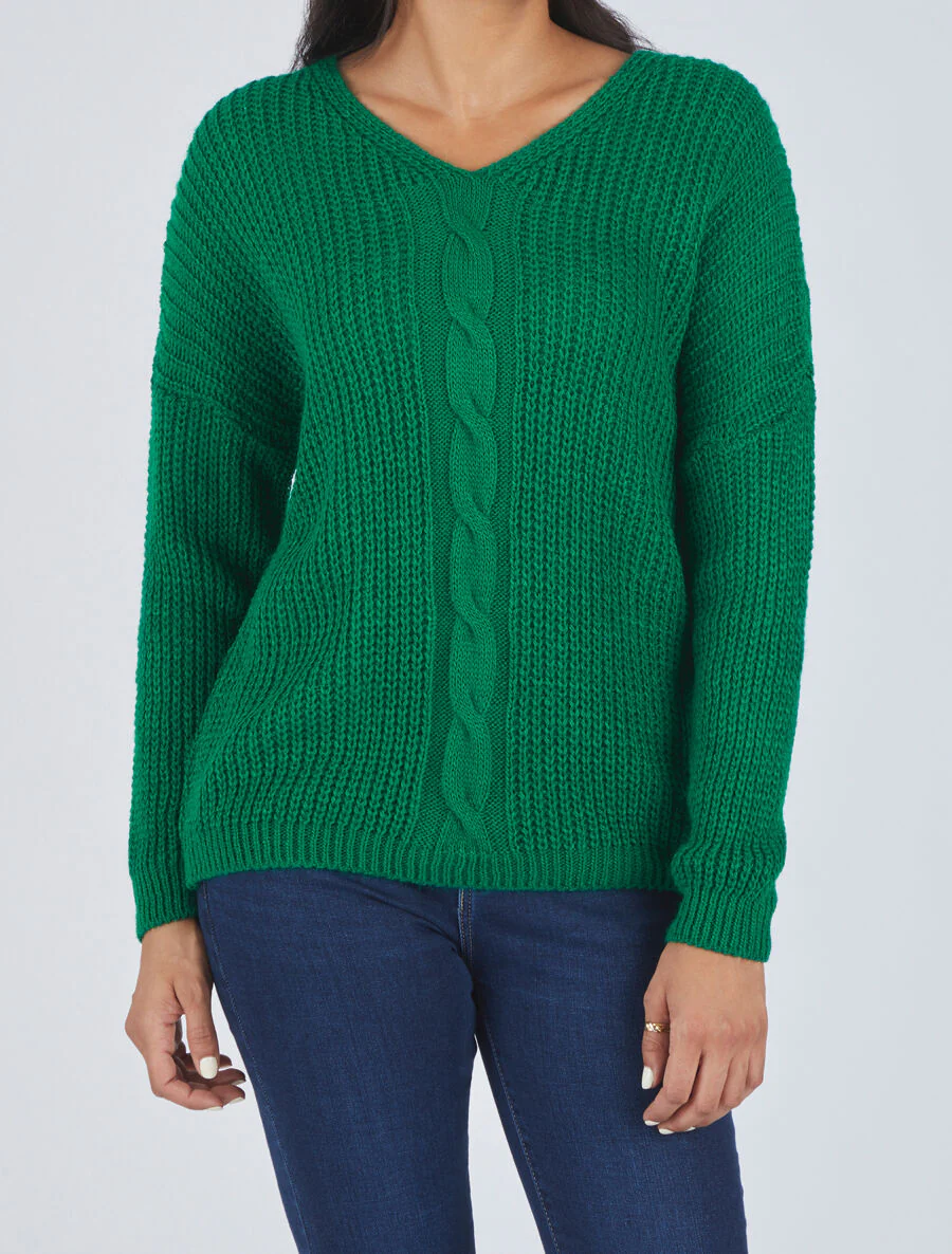 Pull uni à col V et torsade - Vert - Image 4