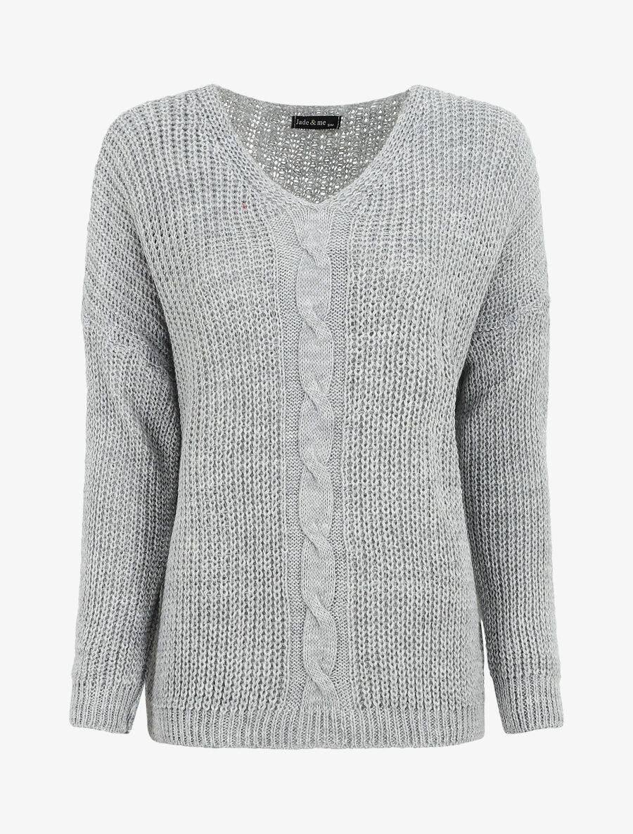 Pull uni à col V et torsade - Gris