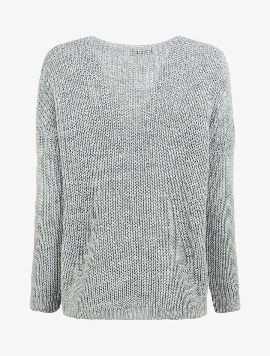 Pull uni à col V et torsade - Gris - Image 2