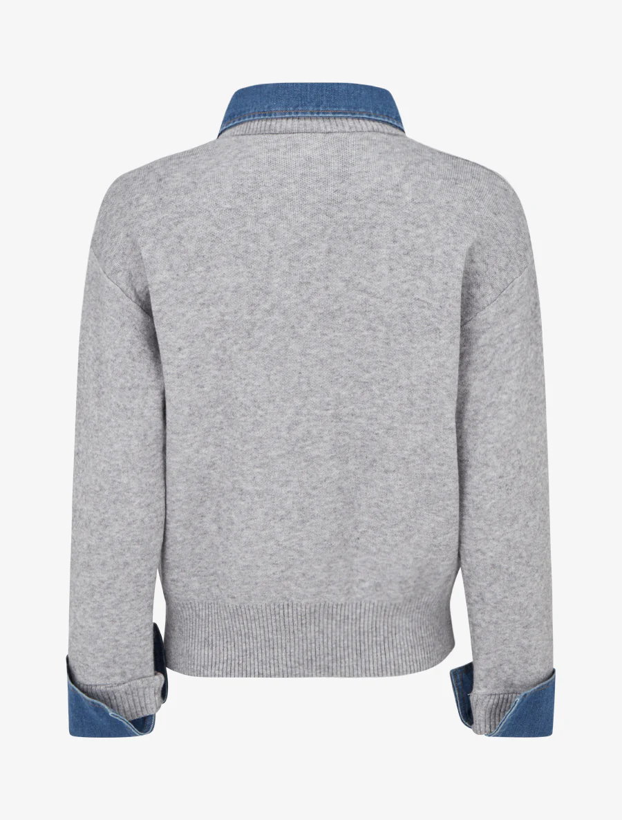 Pull uni à empiècement denim - Gris - Image 2