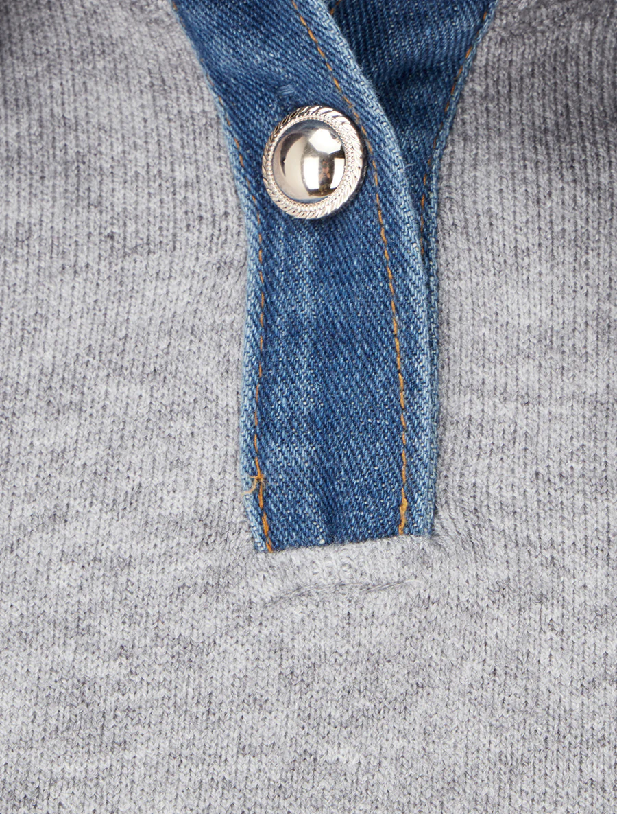 Pull uni à empiècement denim - Gris - Image 3