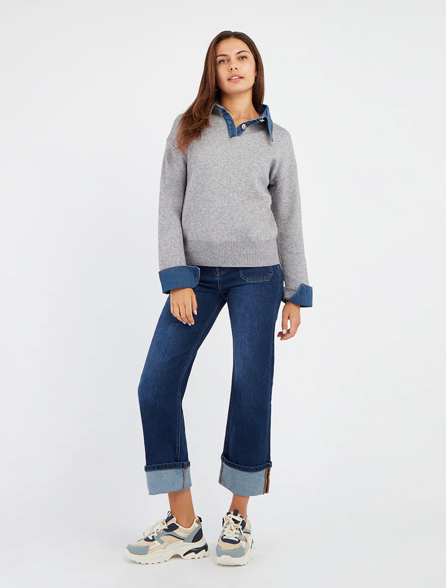 Pull uni à empiècement denim - Gris - Image 4