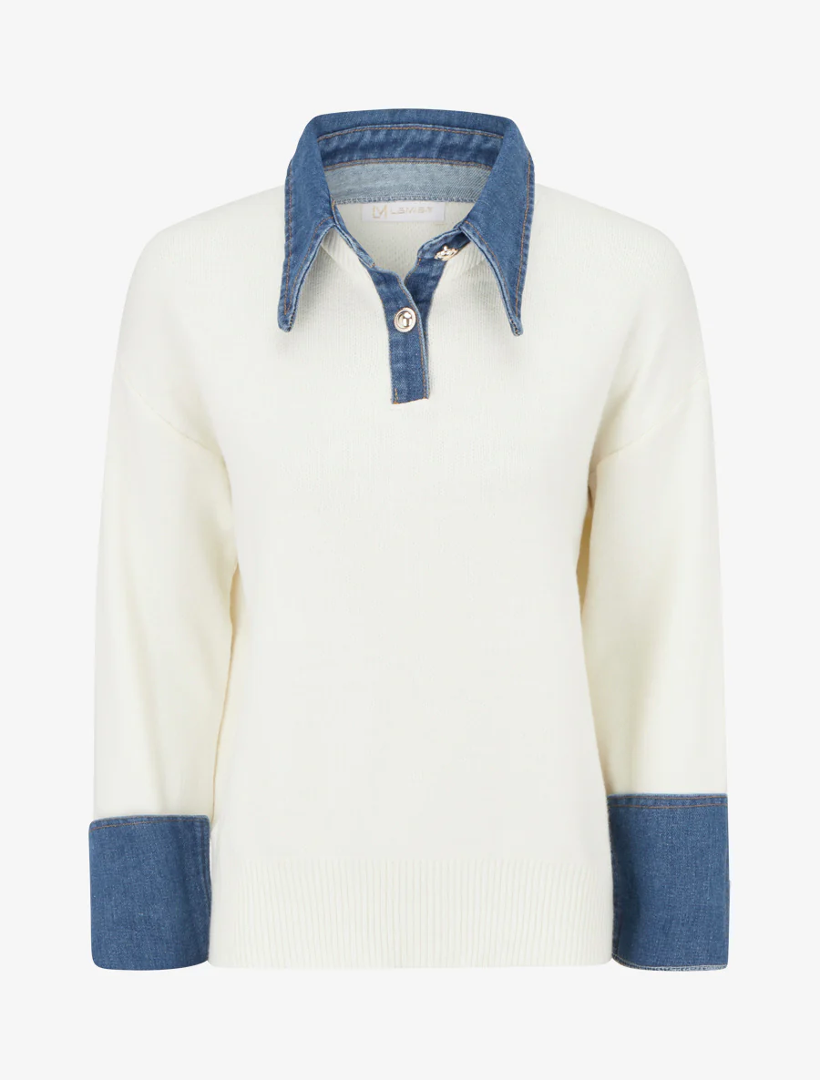 Pull uni à empiècement denim - Blanc