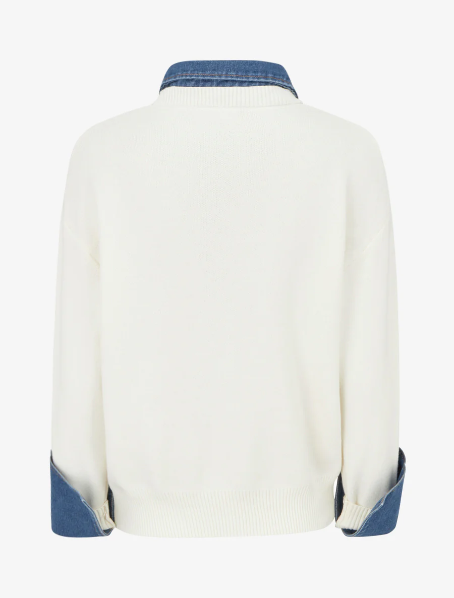 Pull uni à empiècement denim - Blanc - Image 2