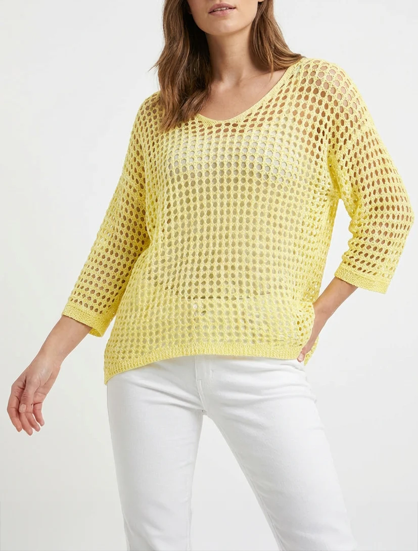 Pull uni ajouré à manches courtes - Jaune - Image 4