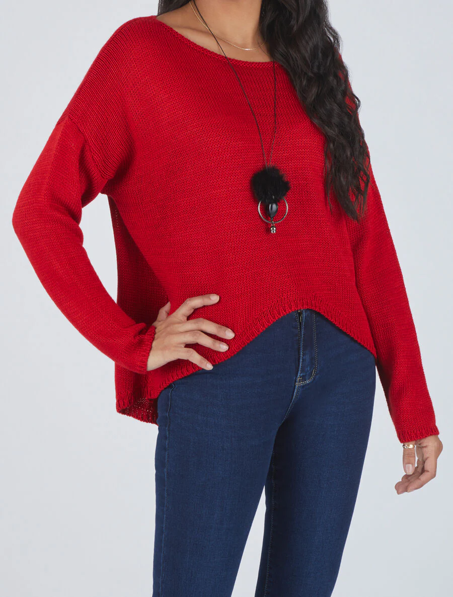 Pull uni col bateau - Rouge - Image 4