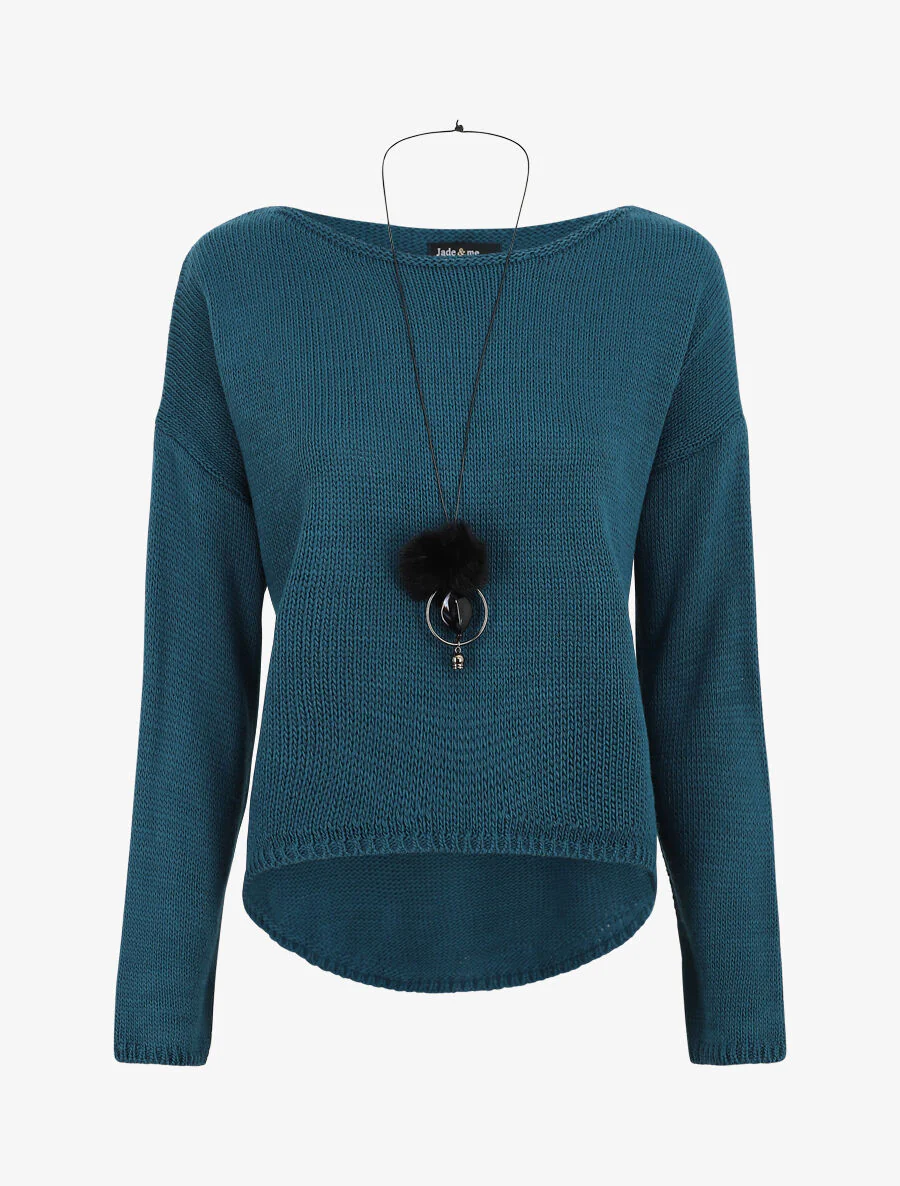 Pull uni col bateau - Bleu canard