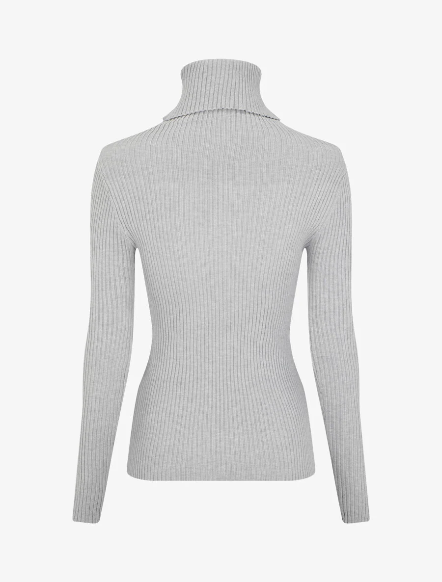 Pull uni côtelé à col roulé - Gris - Image 2