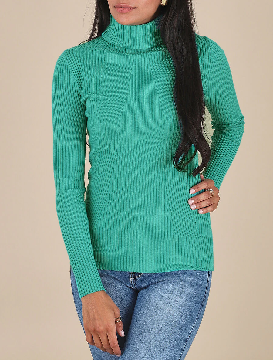 Pull uni côtelé à col roulé - Turquoise - Image 3