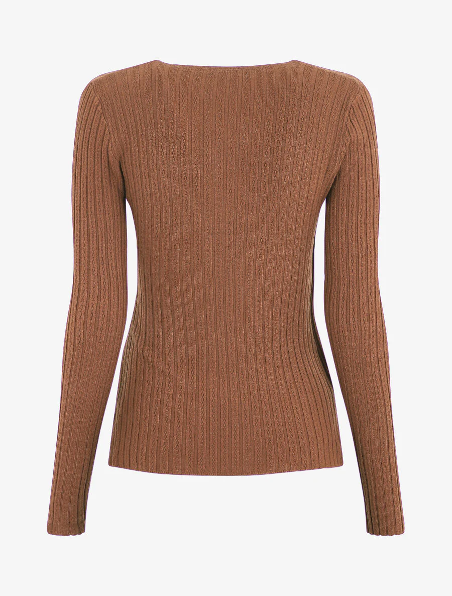 Pull uni côtelé croisé - Marron - Image 2