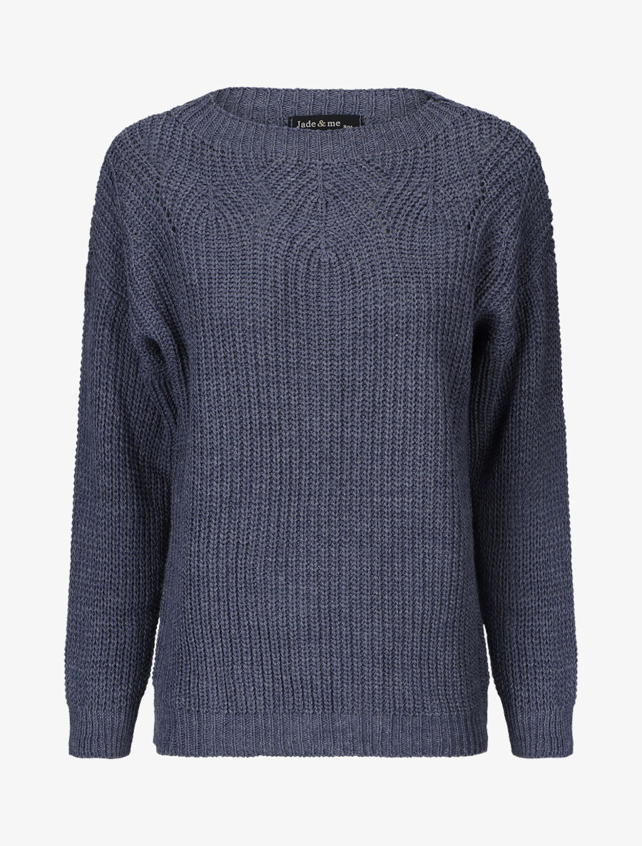 Pull uni en grosse maille à col bateau - Bleu