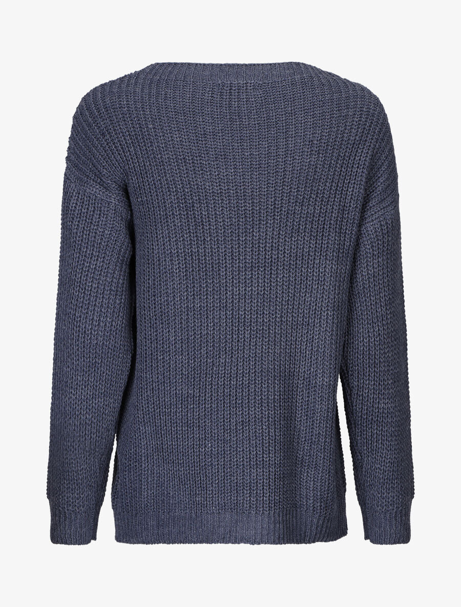 Pull uni en grosse maille à col bateau - Bleu - Image 2