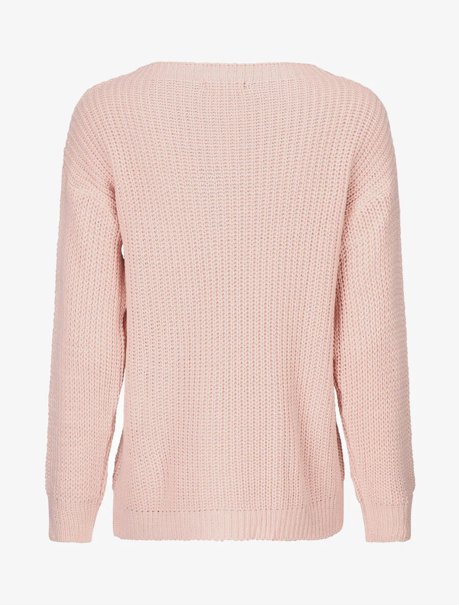 Pull uni en grosse maille à col bateau - Rose - Image 2