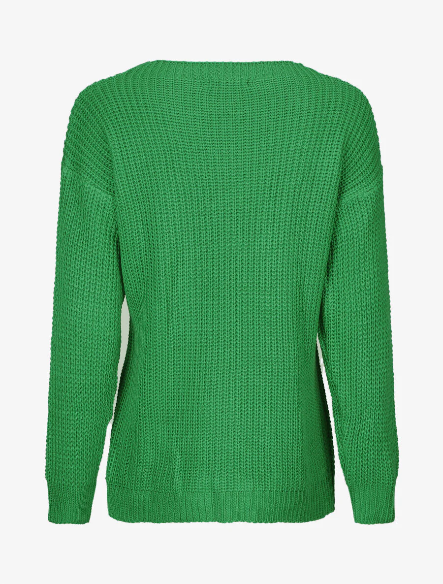 Pull uni en grosse maille à col bateau - Vert - Image 2