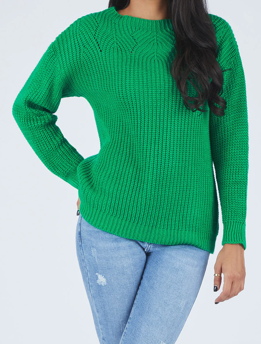 Pull uni en grosse maille à col bateau - Vert - Image 4