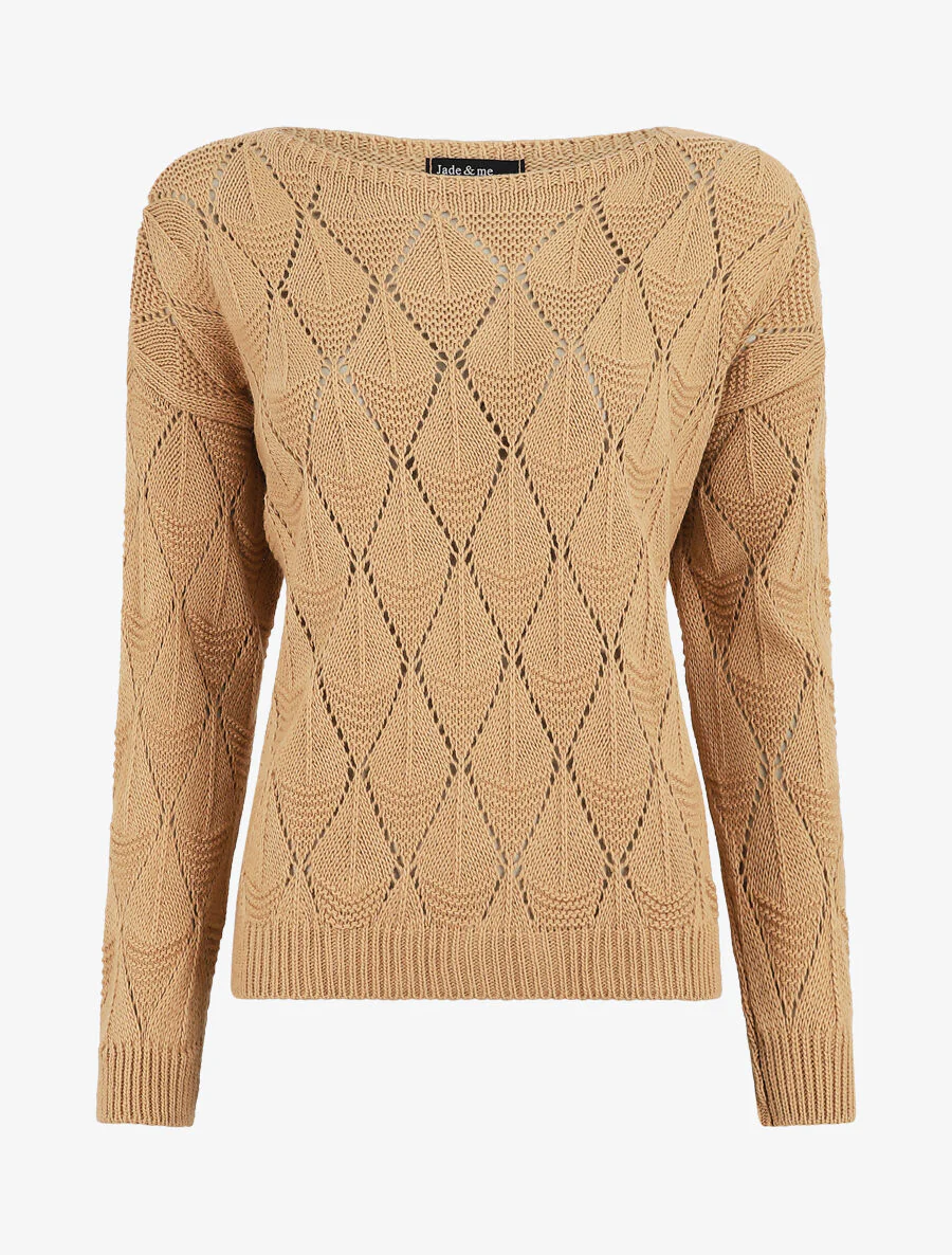 Pull uni en maille ajourée - Camel