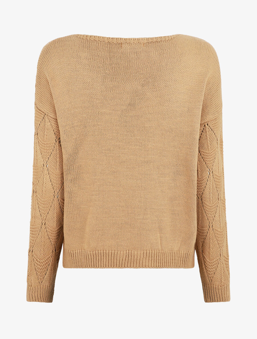 Pull uni en maille ajourée - Camel - Image 2