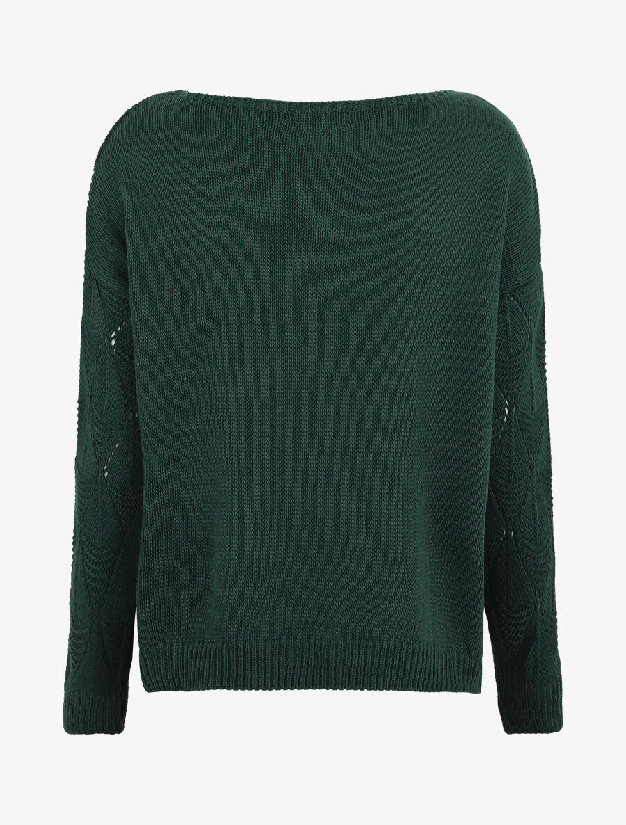 Pull uni en maille ajourée - Vert sapin - Image 2