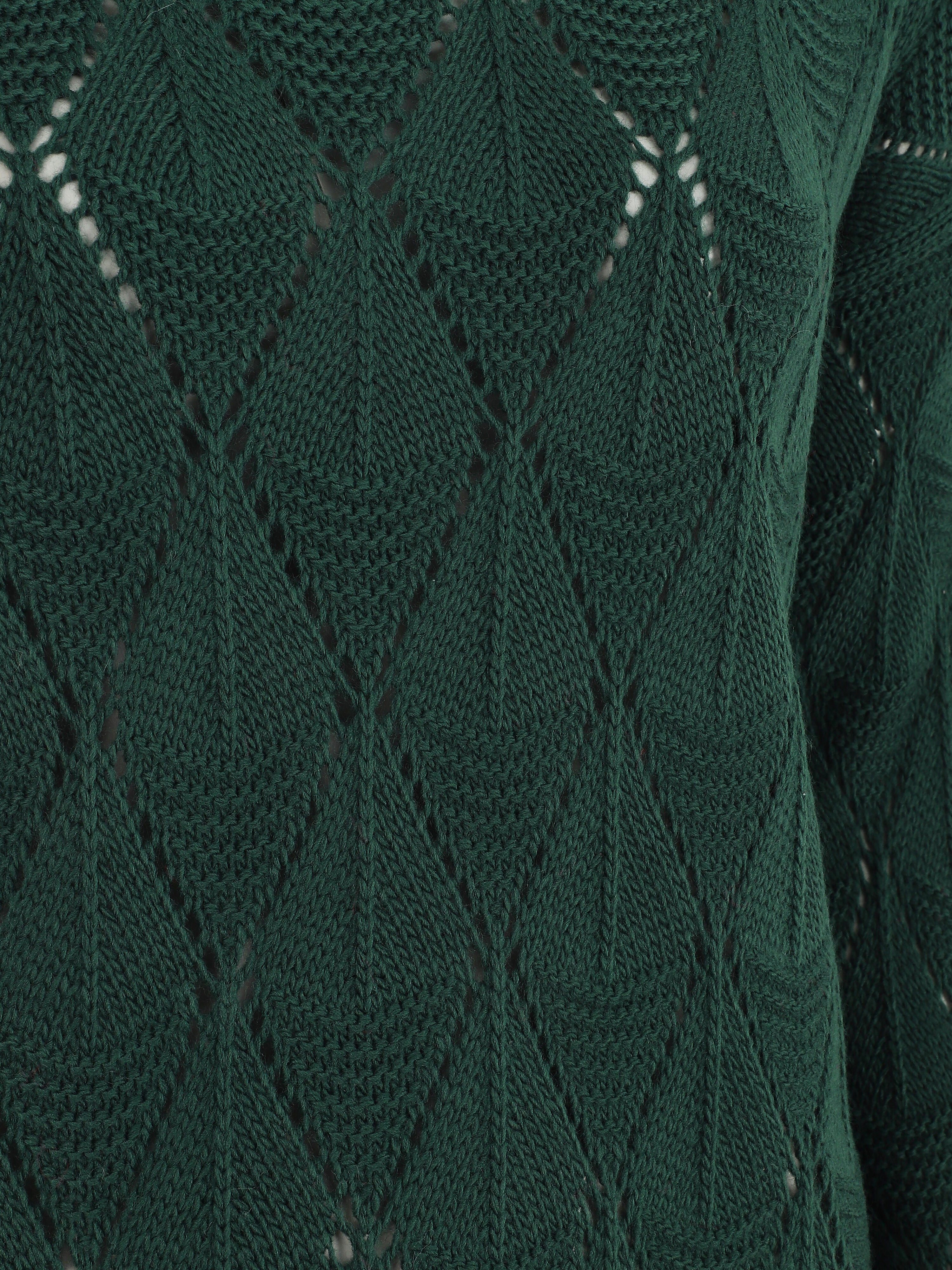 Pull uni en maille ajourée - Vert sapin - Image 3