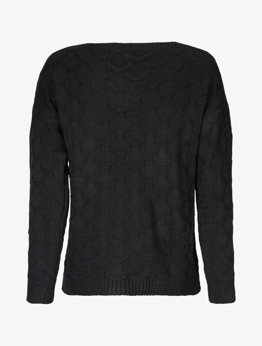 Pull uni en maille et col bateau - Noir - Image 2