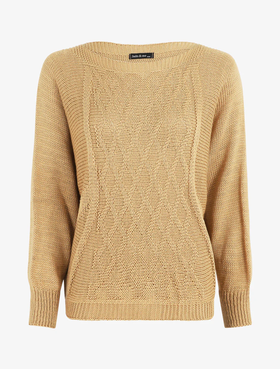 Pull uni en maille motif losange - Camel
