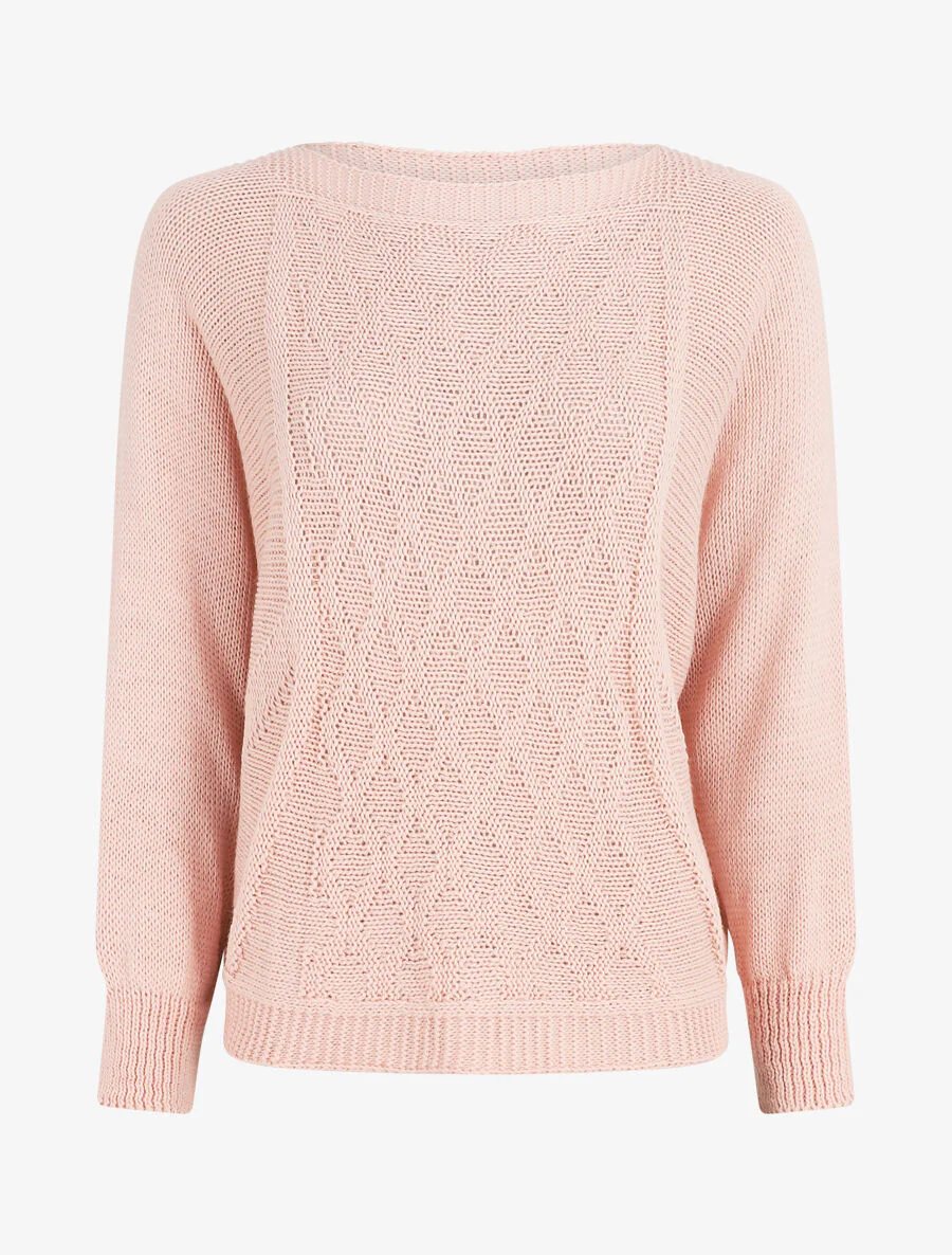 Pull uni en maille motif losange - Rose poudré