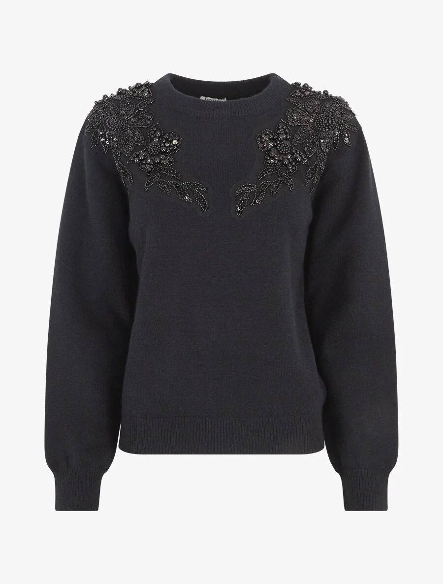 Pull uni orné de perles et strass - Noir