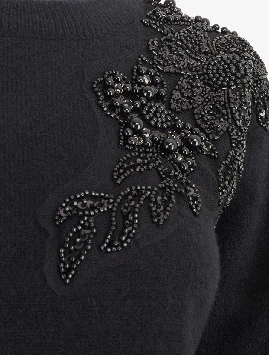 Pull uni orné de perles et strass - Noir - Image 3