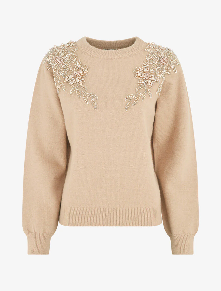 Pull uni orné de perles et strass - Taupe